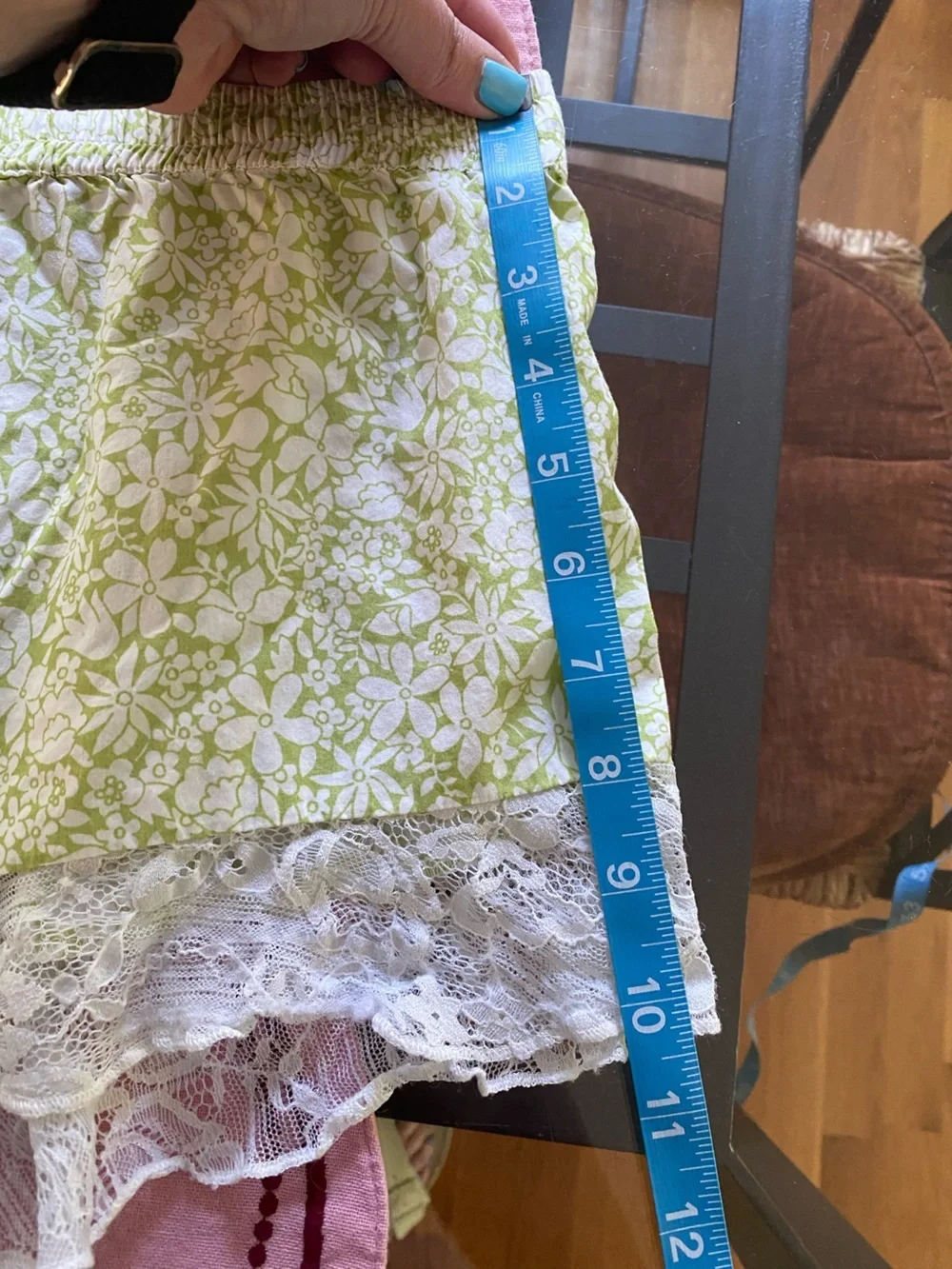 Anthropologie Green White Floral Print Lace Trim Pajama Shorts Small